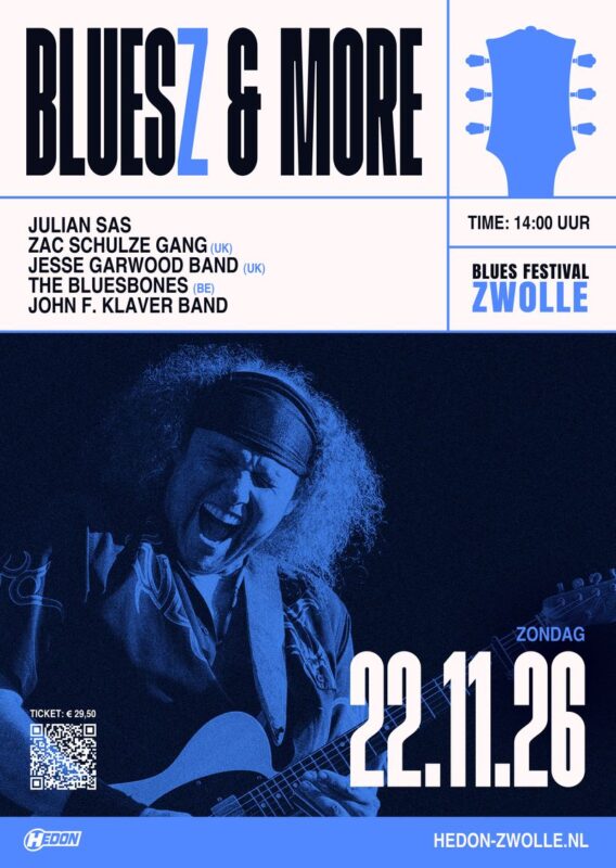 Flyer met de volledige line-up van Bluesz & More 2026 in Hedon Zwolle