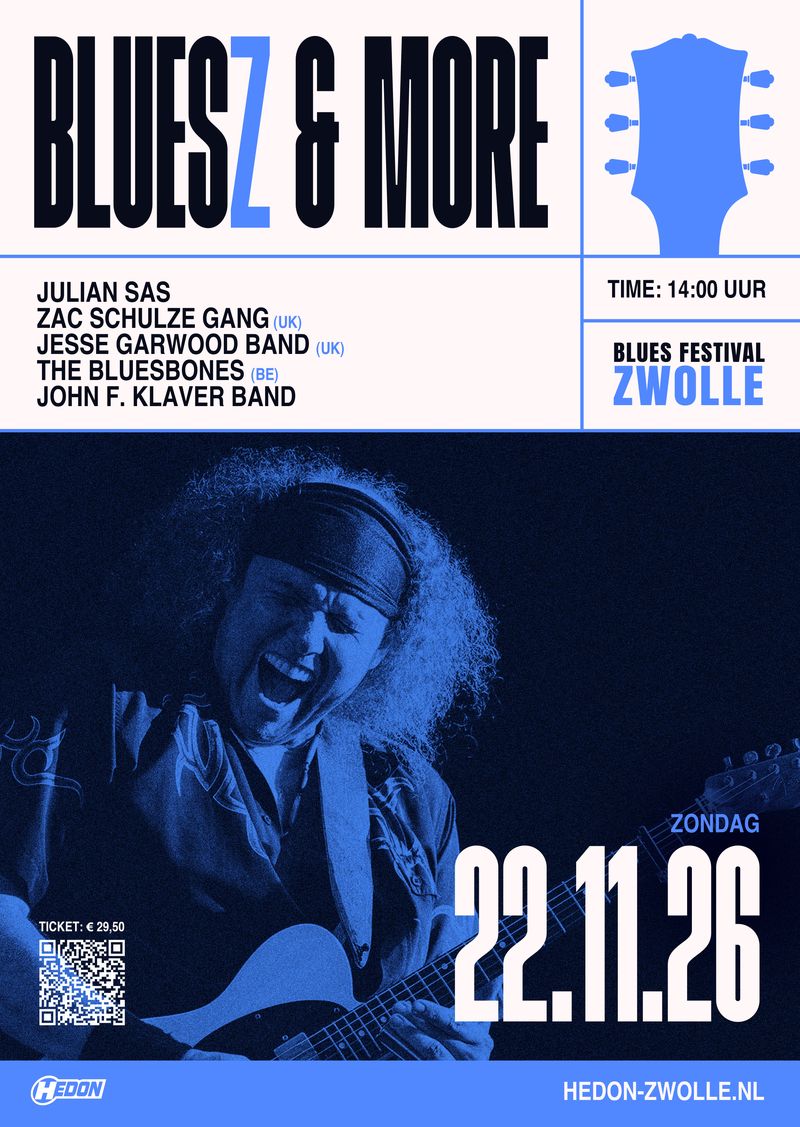 Flyer met de volledige line-up van Bluesz & More 2026 in Hedon Zwolle