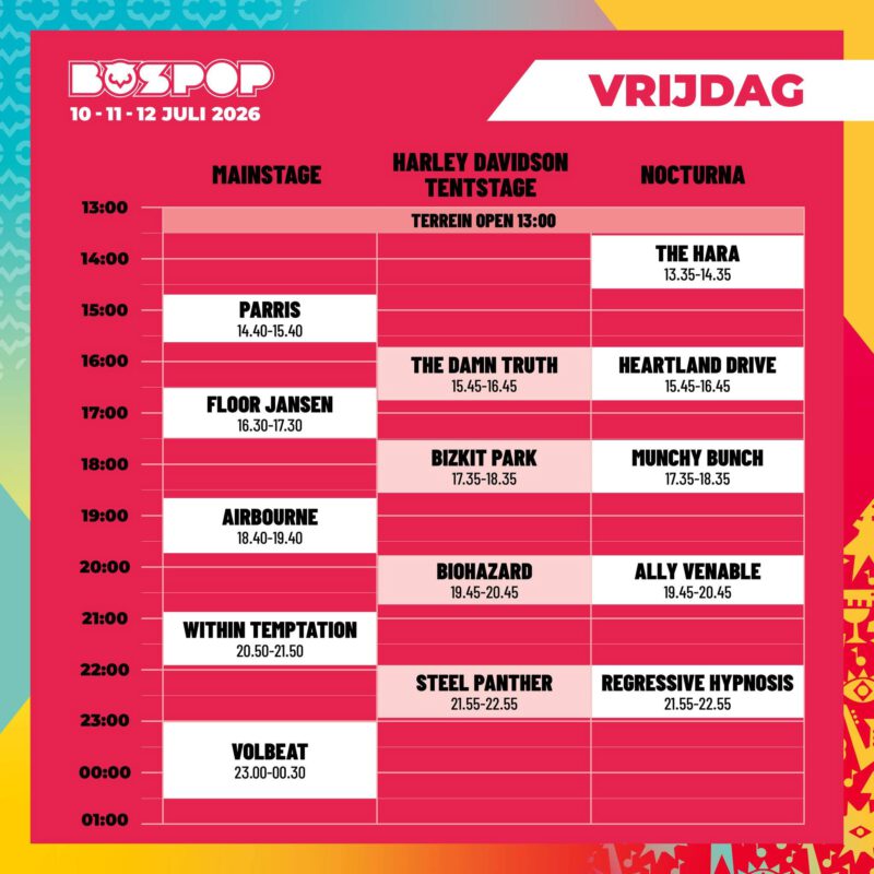 Bospop Festival 2026 - Tijdschema Bekend - vrijdag