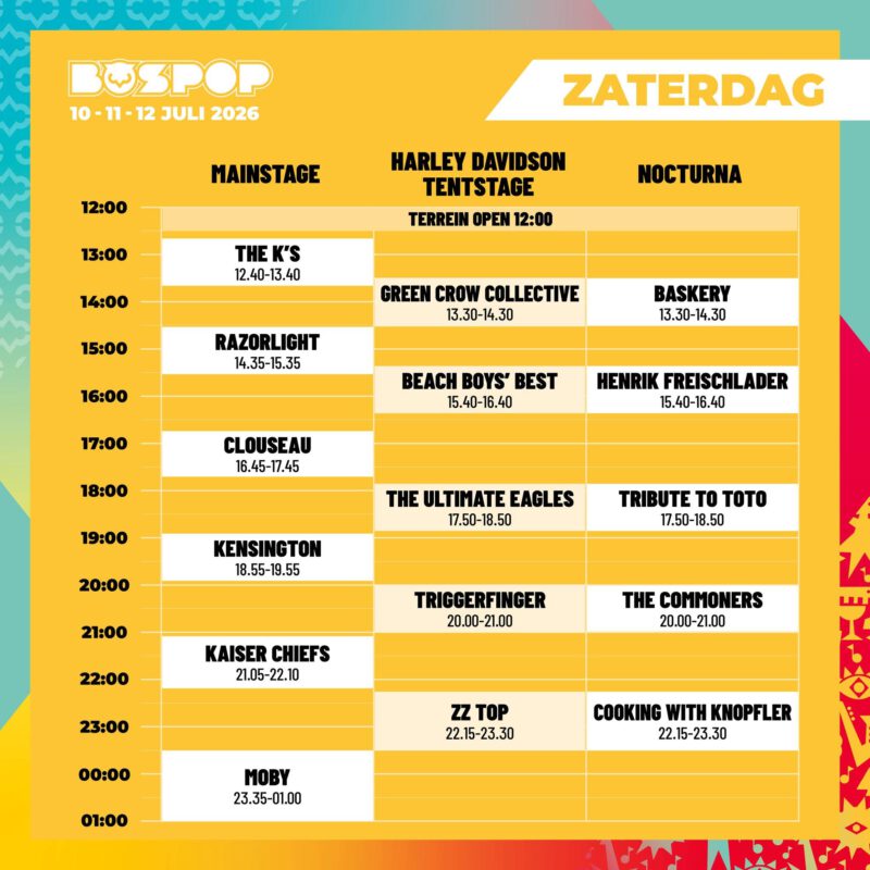 Bospop Festival 2026 - Tijdschema Bekend - zaterdag