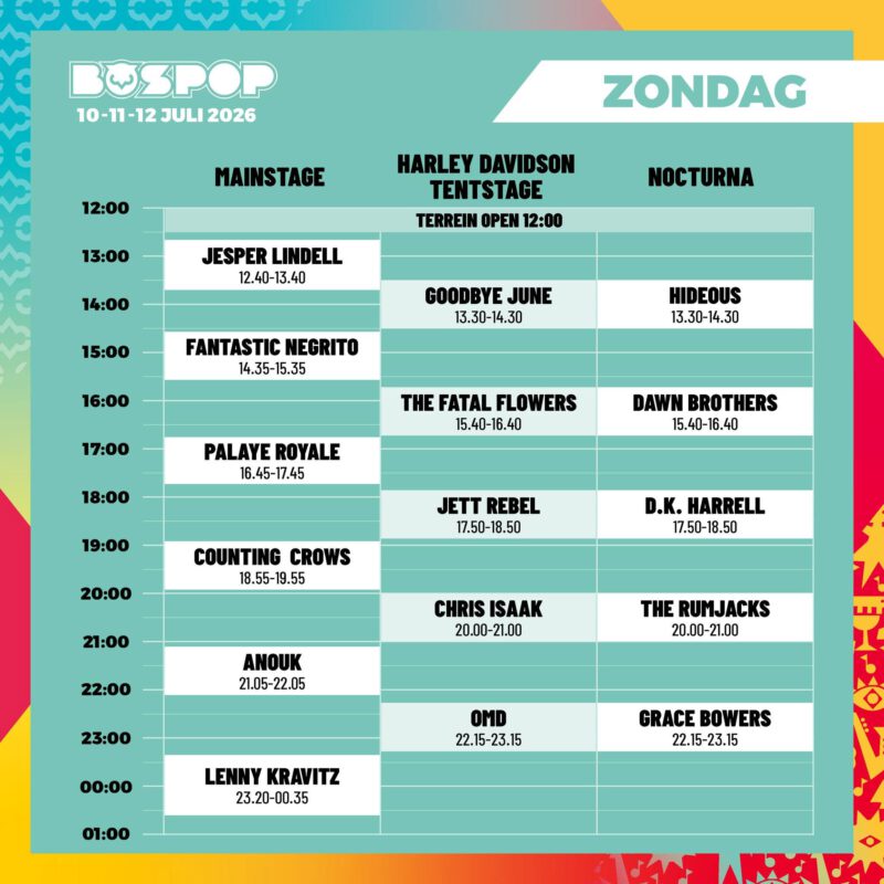 Bospop Festival 2026 - Tijdschema Bekend - zondag