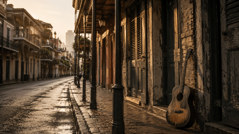 Historische straat in New Orleans met akoestische gitaar bij House of the Rising Sun