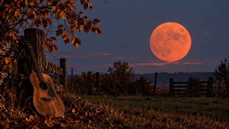 Herfstlandschap met volle maan en akoestische gitaar bij Neil Young Harvest Moon
