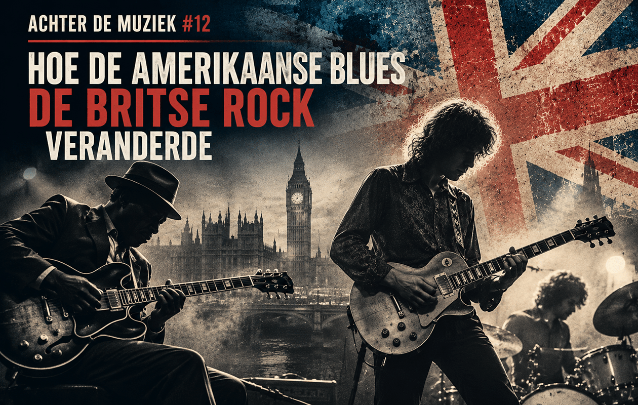 AI-illustratie van Amerikaanse blues en Britse rock met anonieme gitaristen, een drummer, Big Ben en de Britse vlag.