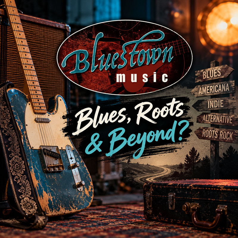 Bluestown Music graphic featuring guitars, musical equipment and the question Blues, Roots & Beyond?