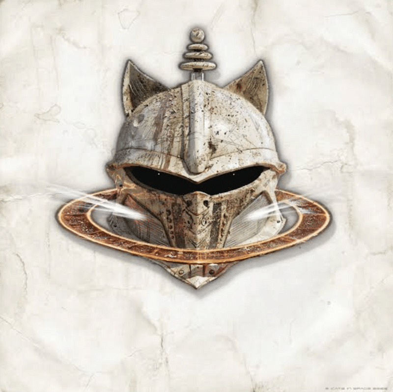 CATS in SPACE – Suit of Armour album artwork featuring a medieval knight's helmet with cat ears and a planetary ring.
